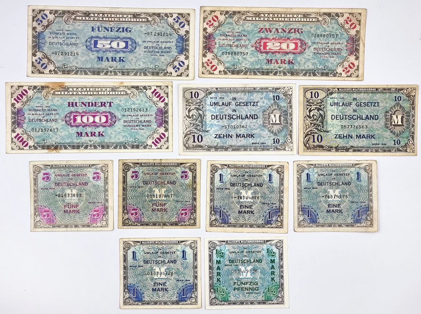 Niemcy. 1/2 marki do 100 marek 1944 Alliierte Militärbehörde, zestaw 11 banknotów